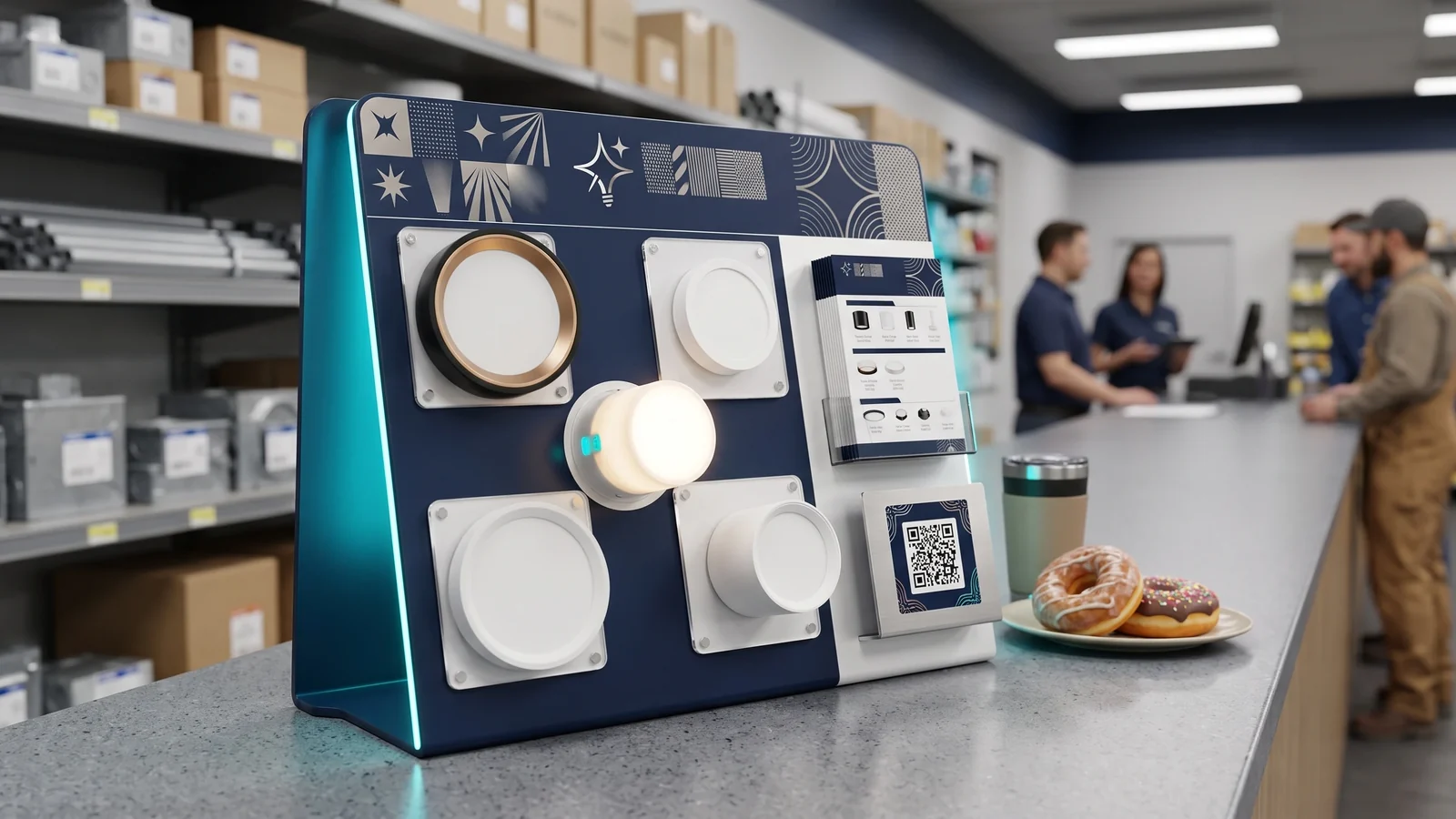 Conceptual lighting distributor counter display illustrating organized STARLET light engines, architectural trim samples, and project support materials.