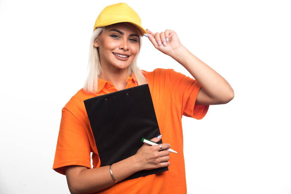 Sunsparkco.com Blog Post called Bright Times Ahead. The girl is wearing a yellow hard hat and bright orange color contractors shirt. She is nodding positively.